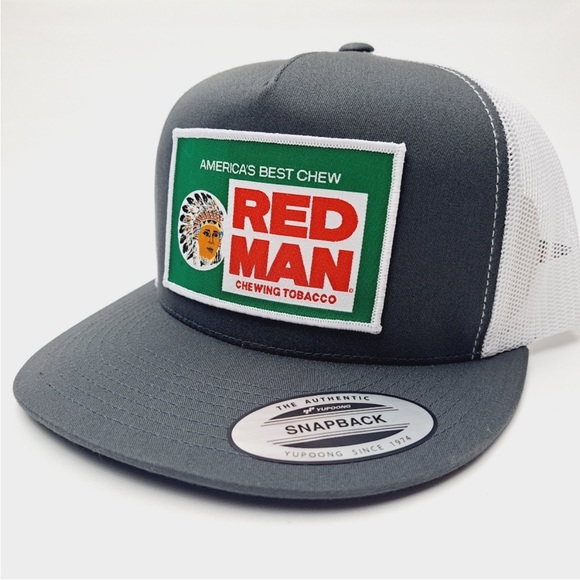 Red Man Woven Patch Flat Bill Trucker Mesh Snapback Cap Gray White - Picture 2 of 4